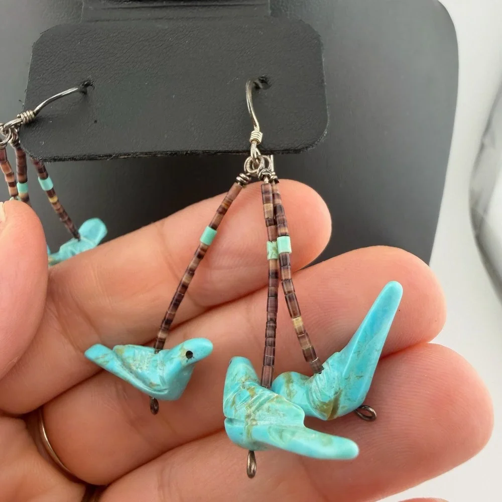 Native American Zuni Fetish Turquoise Bird Dangle Earrings Heishi Shell Boho